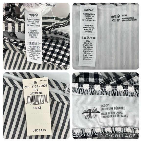 Aerie Seersucker Ruffle Wrap Bikini Scoop Top Swimsuit Set XS Black White NWT - Picture 9 of 9